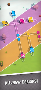 Official Train Puzzle Google Play screenshot with colorful trains crossing a board