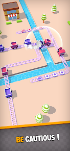 Official Train Puzzle Google Play screenshot showing a cautious railway layout